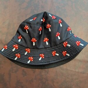 Black Bucket Hat with Red Mushroom Print